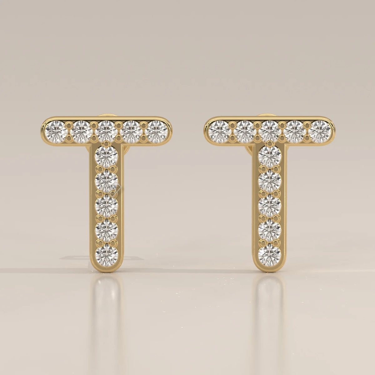 Letter T Initial Pave Lab Grown Diamond Stud Earrings in yellow gold, shown from the front.
