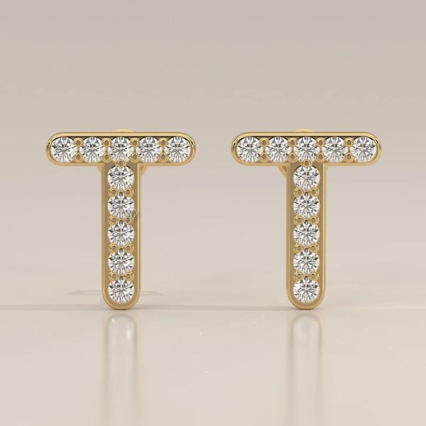 Letter T Initial Pave Lab Grown Diamond Stud Earrings in yellow gold, shown from the front.