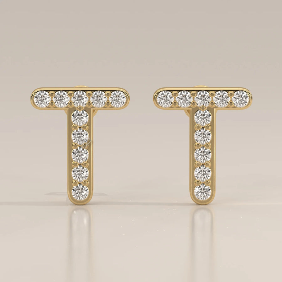 Letter T Initial Pave Lab Grown Diamond Stud Earrings in yellow gold, shown from the front.