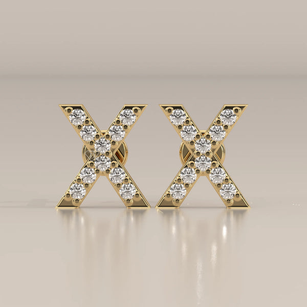 Letter X Initial Pave Lab Grown Diamond Stud Earrings in yellow gold, shown from the front.