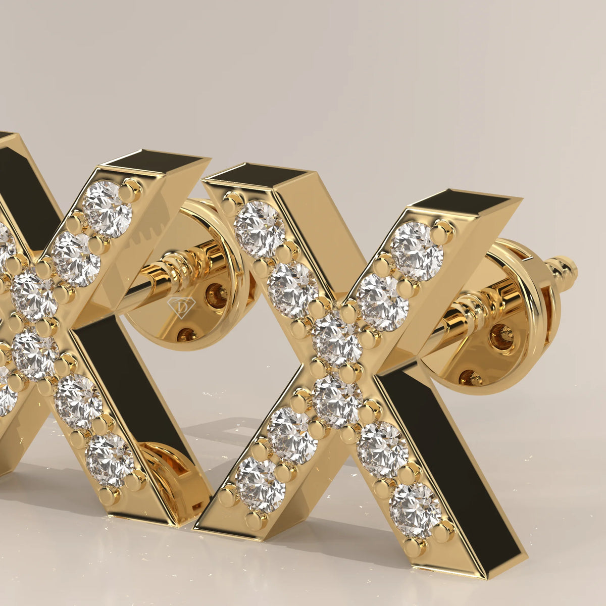 Letter X Initial Pave Lab Grown Diamond Stud Earrings in yellow gold, side profile view.