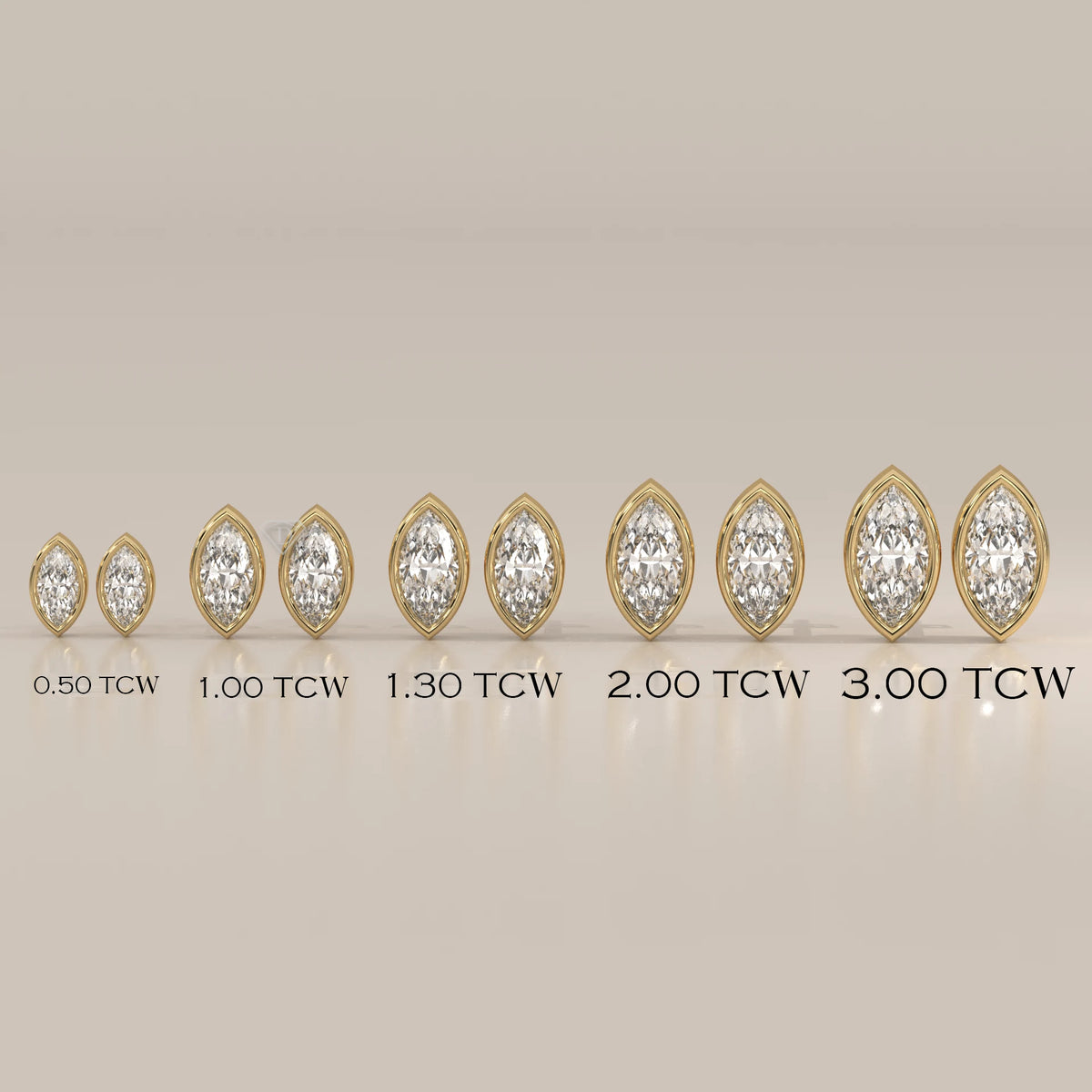 Marquise bezel set lab grown diamond stud earrings size chart, 0.50 to 3.00 tcw labelled