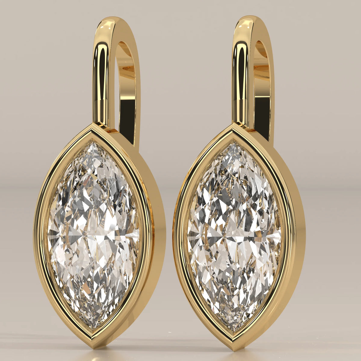 Marquise Bezel Lab Grown Diamond Drop Earrings on a Gold Hook in yellow gold, front view on a plain background.