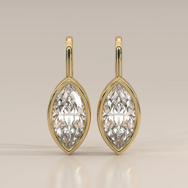Marquise Bezel Lab Grown Diamond Drop Earrings on a Gold Hook in yellow gold, shown from the front.
