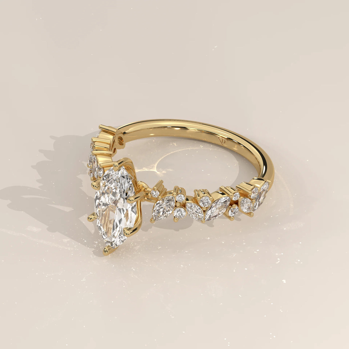 Angle View: Marquise Diamond Engagement Ring with Cluster Setting in Yellow Gold – Lab Grown – Driona Jewels