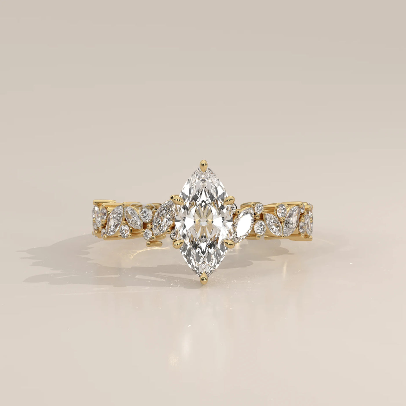 Side Profile: Marquise Diamond Engagement Ring with Cluster Setting in Yellow Gold – Lab Grown – Driona Jewels