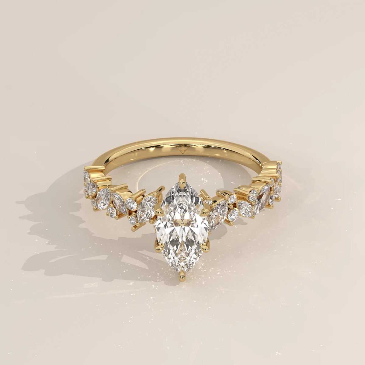 Three-Quarter View: Marquise Diamond Engagement Ring with Cluster Setting in Yellow Gold – Lab Grown – Driona Jewels