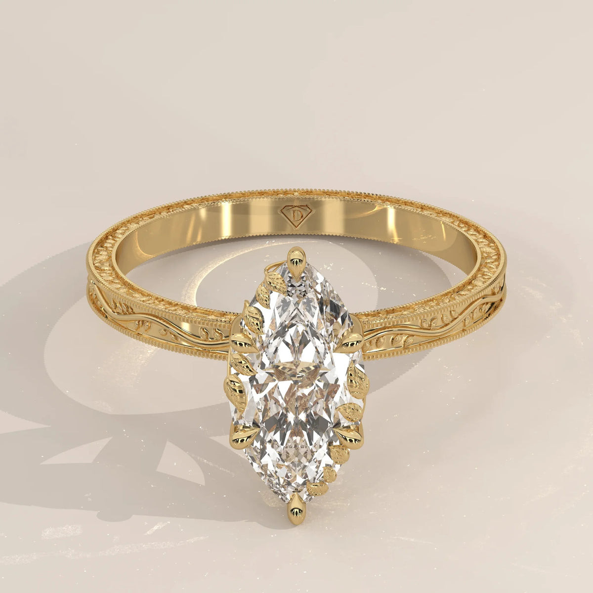 Front View: Marquise Diamond Ring with Prong Setting in Yellow Gold – Lab Grown – Driona Jewels