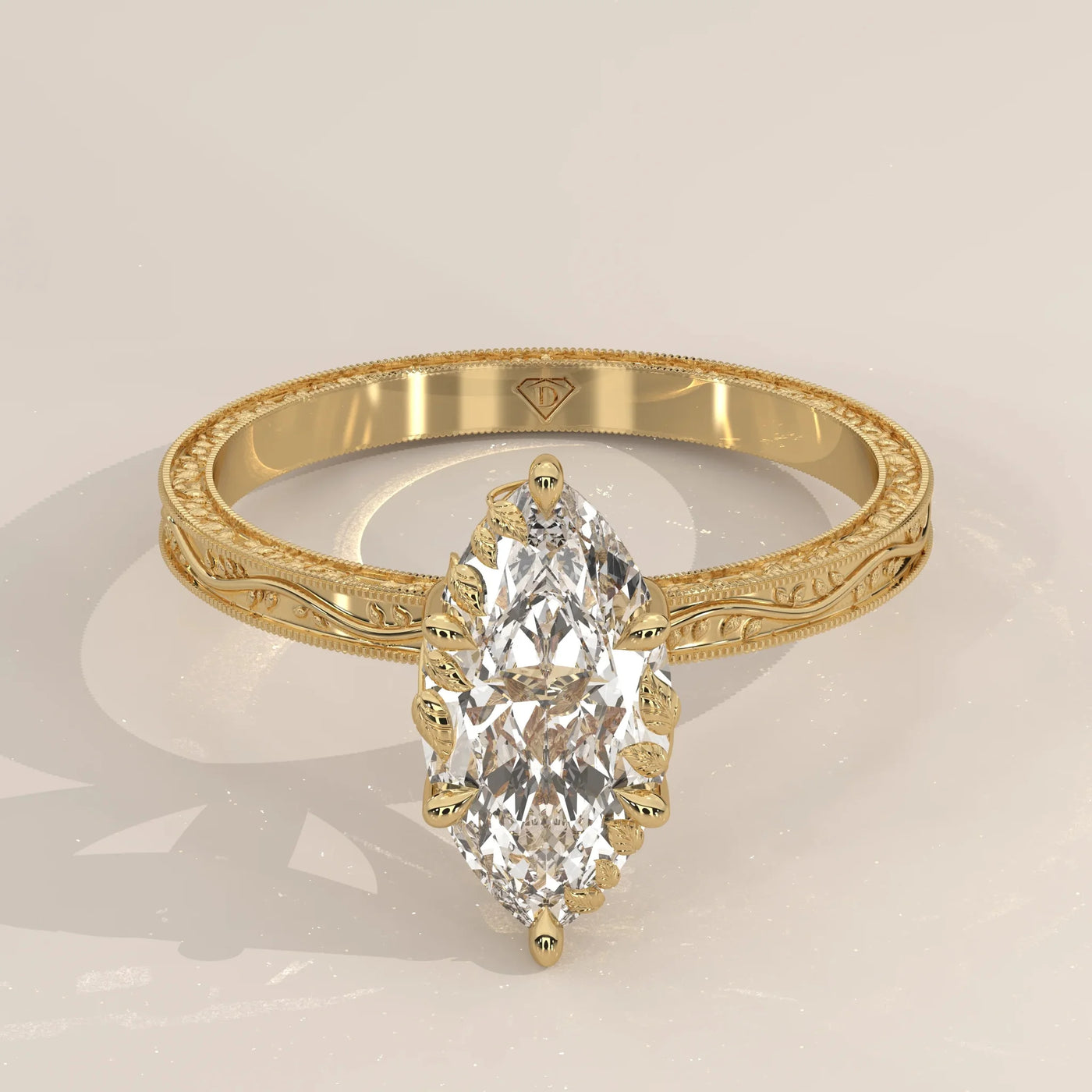 Front View: Marquise Diamond Ring with Prong Setting in Yellow Gold – Lab Grown – Driona Jewels