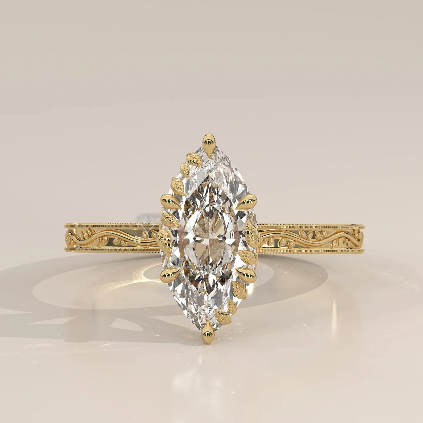 Front View: Marquise Diamond Ring with Prong Setting in Yellow Gold – Lab Grown – Driona Jewels