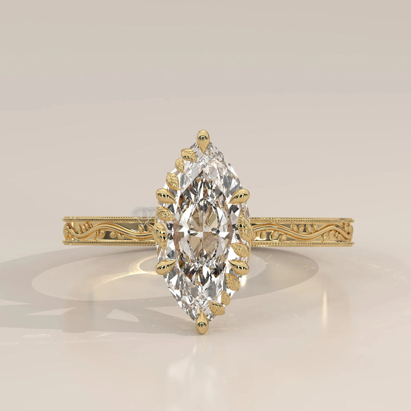 Front View: Marquise Diamond Ring with Prong Setting in Yellow Gold – Lab Grown – Driona Jewels
