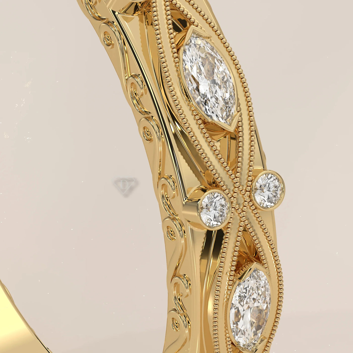 Close-Up: Marquise Diamond Ring with Eternity Setting in Yellow Gold – Lab Grown – Driona Jewels