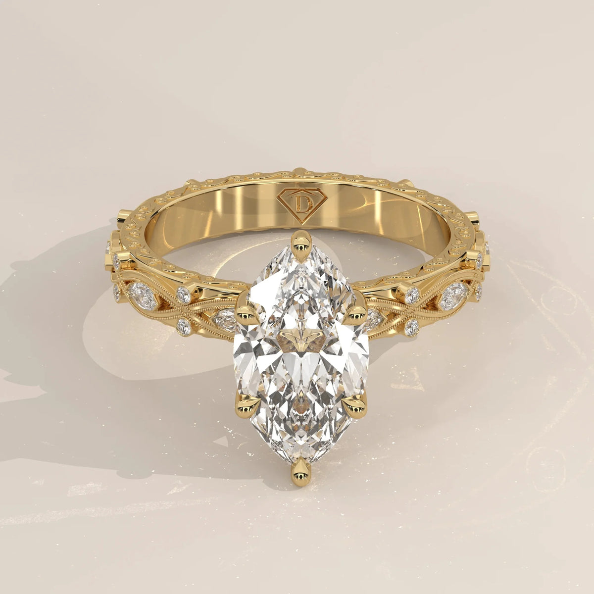 Front View: Marquise Diamond Ring with Eternity Setting in Yellow Gold – Lab Grown – Driona Jewels
