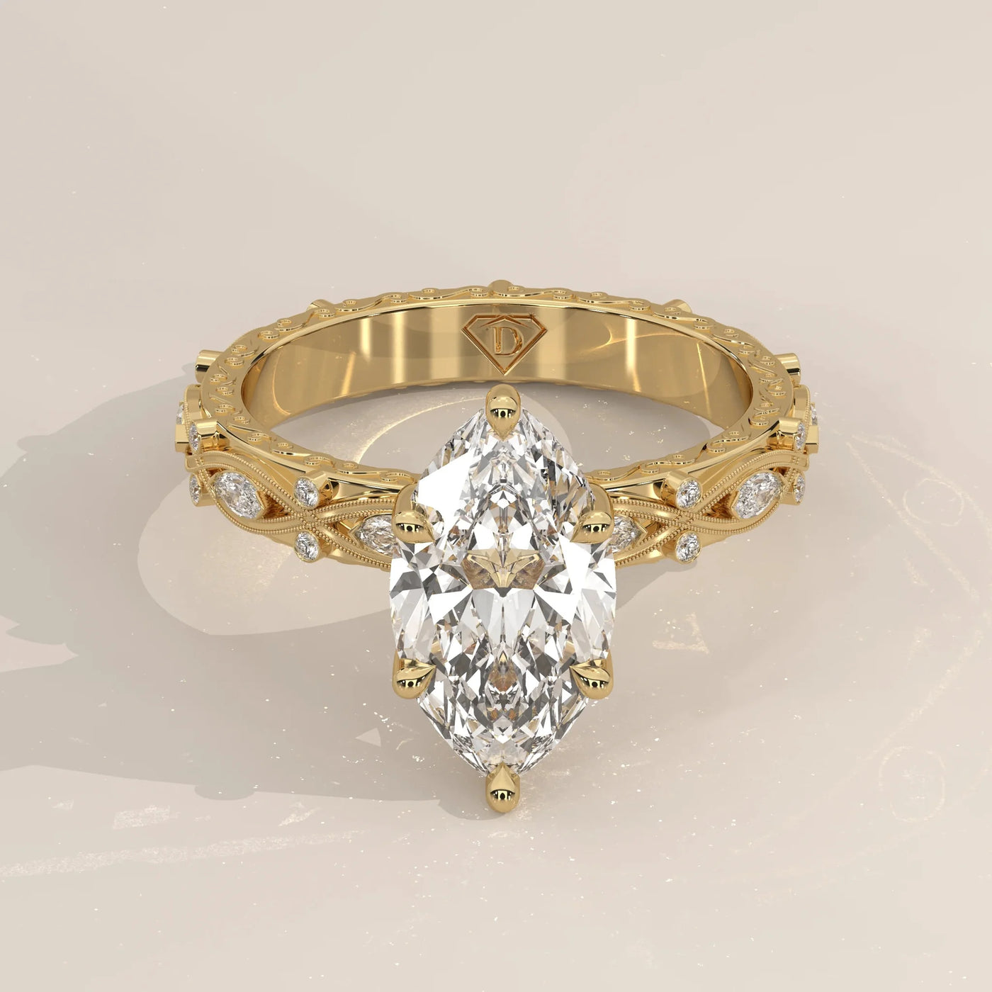 Front View: Marquise Diamond Ring with Eternity Setting in Yellow Gold – Lab Grown – Driona Jewels