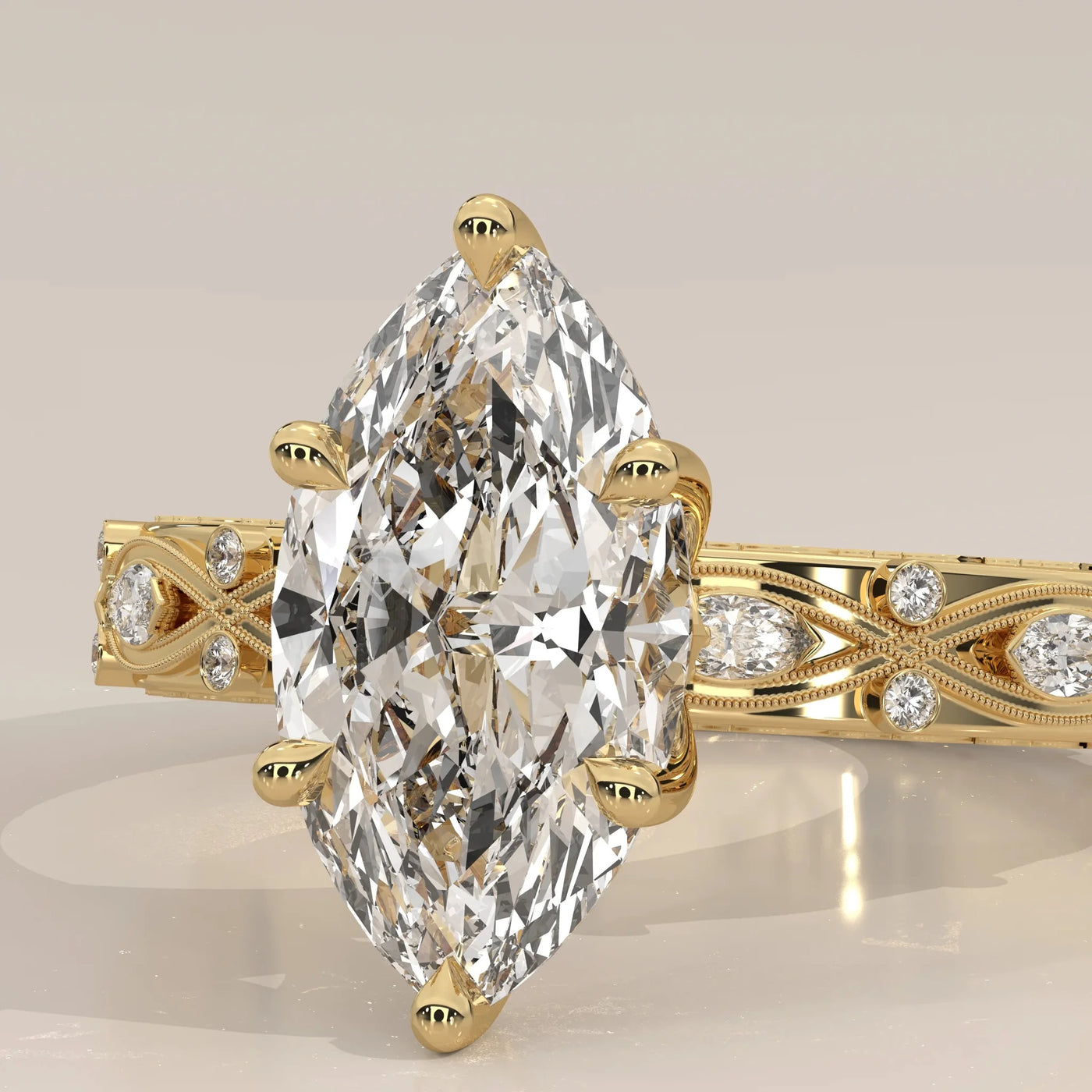 Front View: Marquise Diamond Ring with Eternity Setting in Yellow Gold – Lab Grown – Driona Jewels