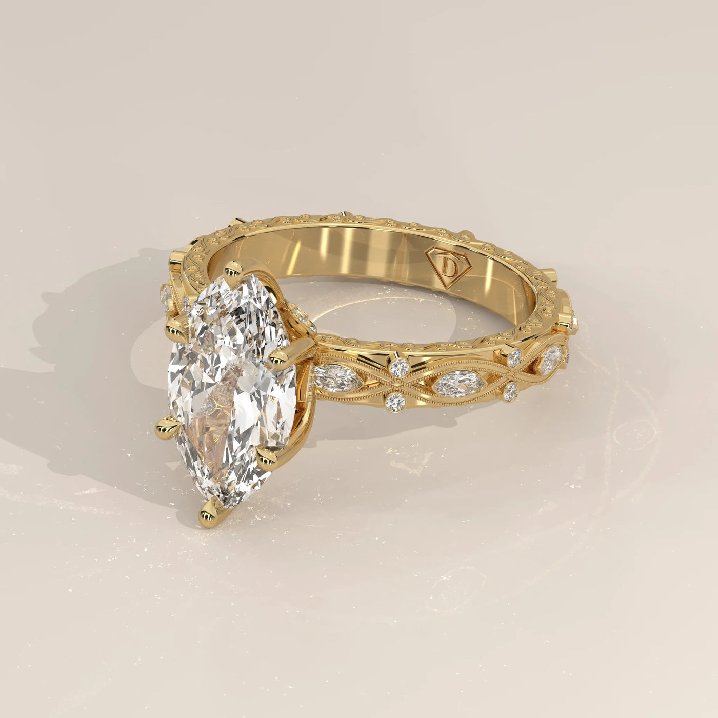 Side Profile: Marquise Diamond Ring with Eternity Setting in Yellow Gold – Lab Grown – Driona Jewels