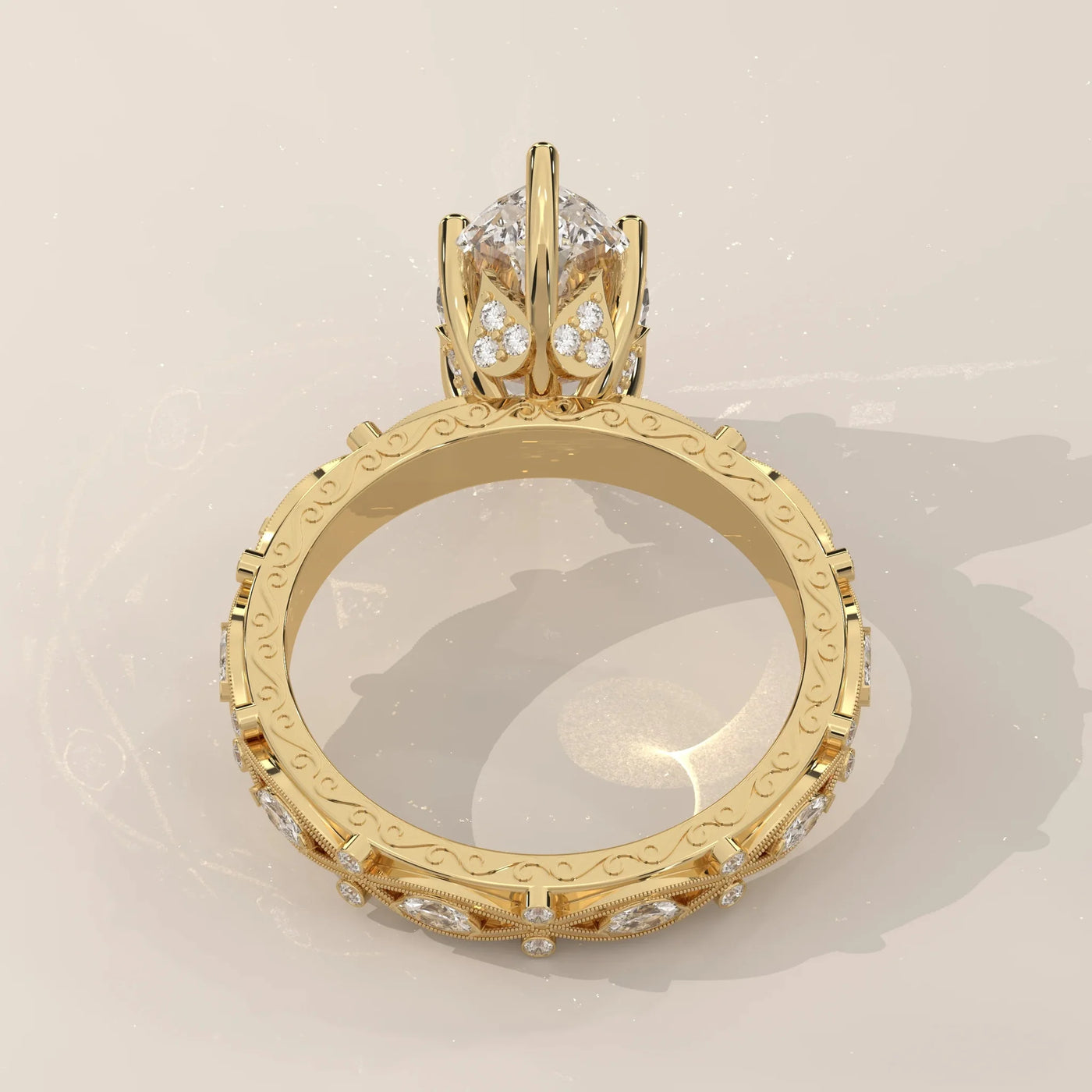 Side Profile: Marquise Diamond Ring with Eternity Setting in Yellow Gold – Lab Grown – Driona Jewels