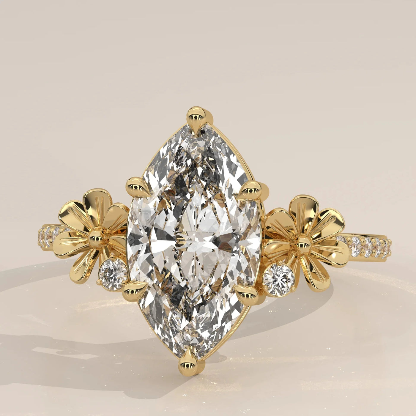 Front View: Marquise Diamond Ring with Cluster Setting in Yellow Gold – Lab Grown – Driona Jewels