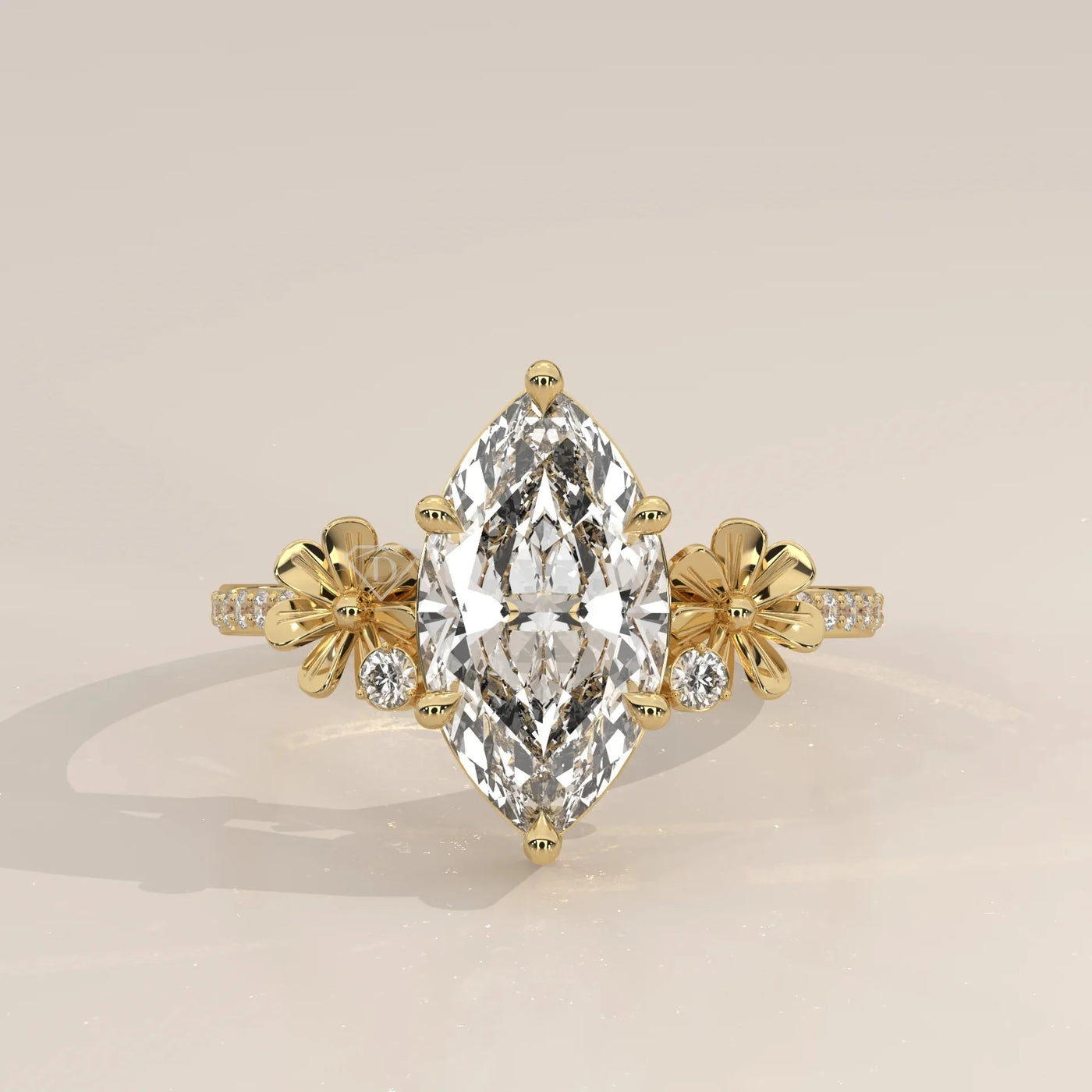 Front View: Marquise Diamond Ring with Cluster Setting in Yellow Gold – Lab Grown – Driona Jewels