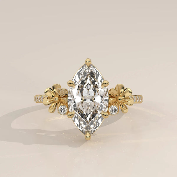 Front View: Marquise Diamond Ring with Cluster Setting in Yellow Gold – Lab Grown – Driona Jewels