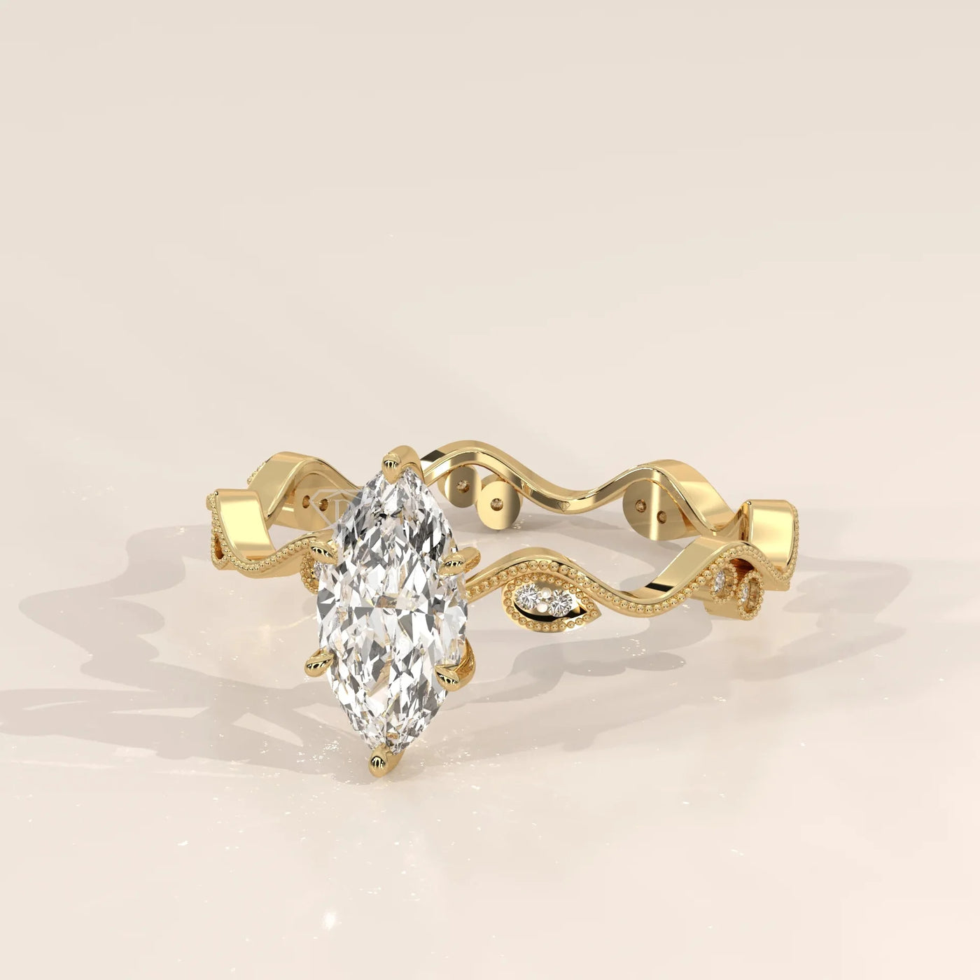 Angle View: Marquise Diamond Ring with Milgrain Setting in Yellow Gold – Lab Grown – Driona Jewels