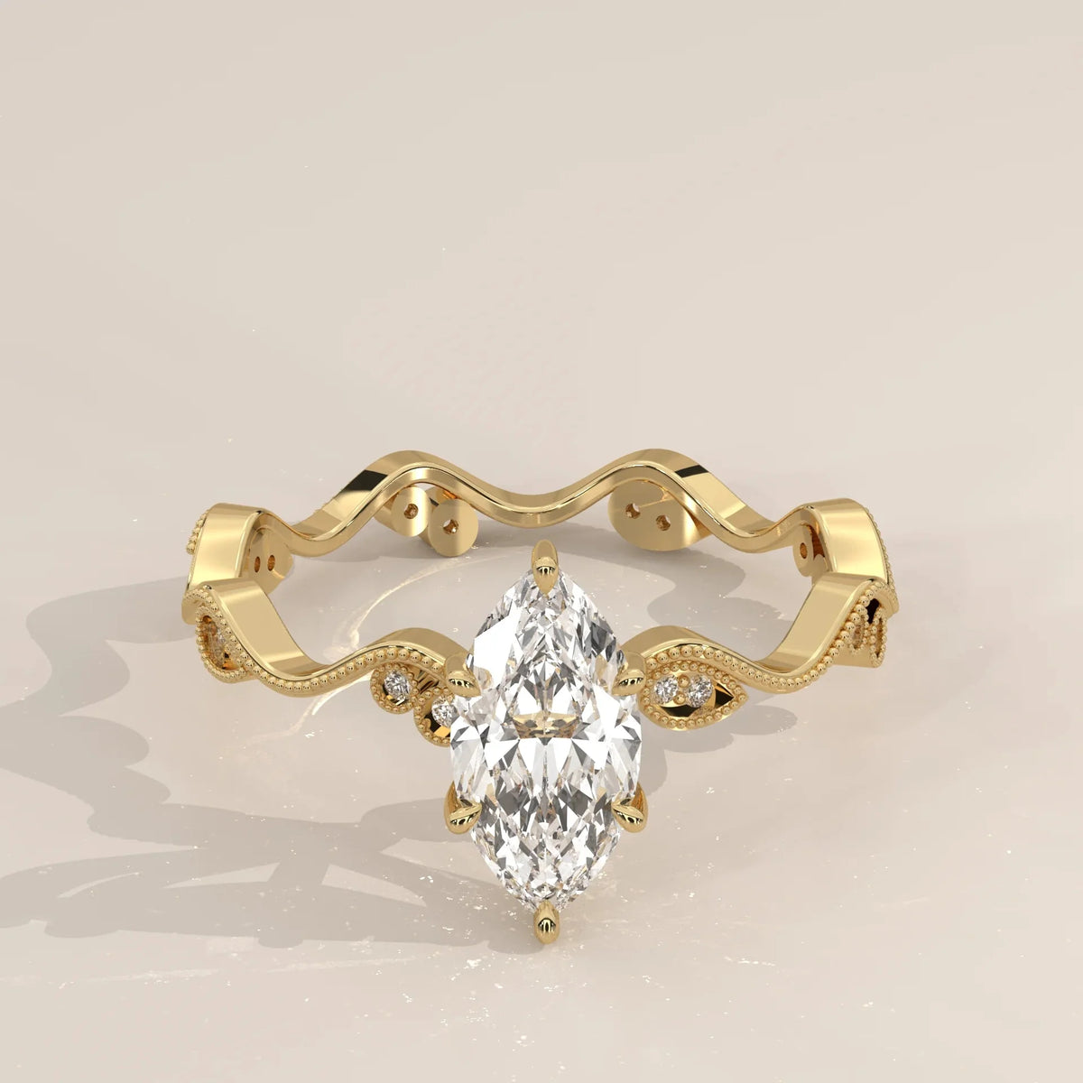Front View: Marquise Diamond Ring with Milgrain Setting in Yellow Gold – Lab Grown – Driona Jewels