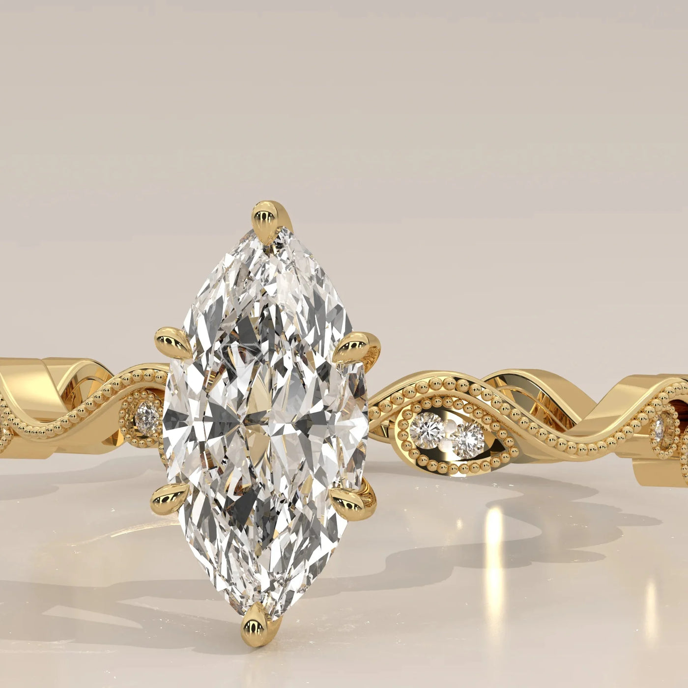 Front View: Marquise Diamond Ring with Milgrain Setting in Yellow Gold – Lab Grown – Driona Jewels
