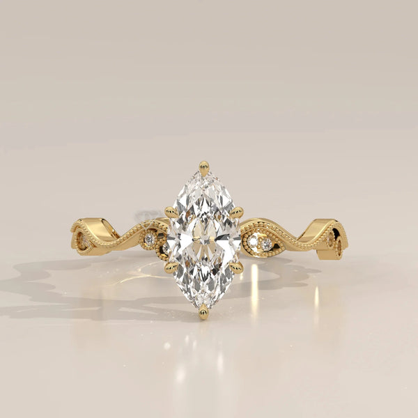 Front View: Marquise Diamond Ring with Milgrain Setting in Yellow Gold – Lab Grown – Driona Jewels