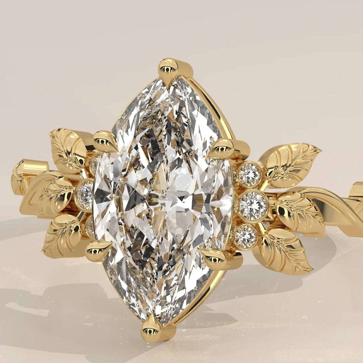 Angle View: Marquise Diamond Ring with Cluster Setting in Yellow Gold – Lab Grown – Driona Jewels