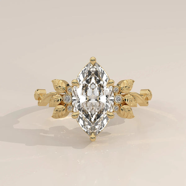 Front View: Marquise Diamond Ring with Cluster Setting in Yellow Gold – Lab Grown – Driona Jewels