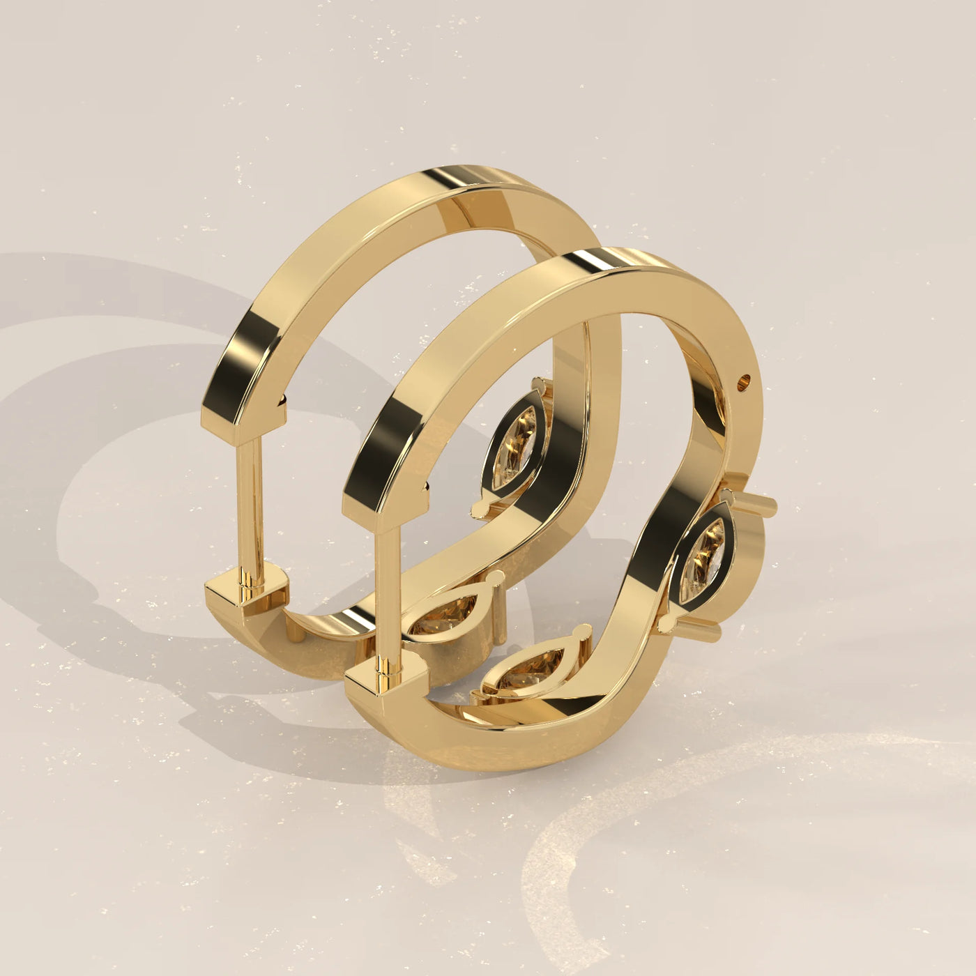 Angle View: Marquise Diamond Huggie Hoop Earrings with Prong Setting in Yellow Gold – Lab Grown – Driona Jewels