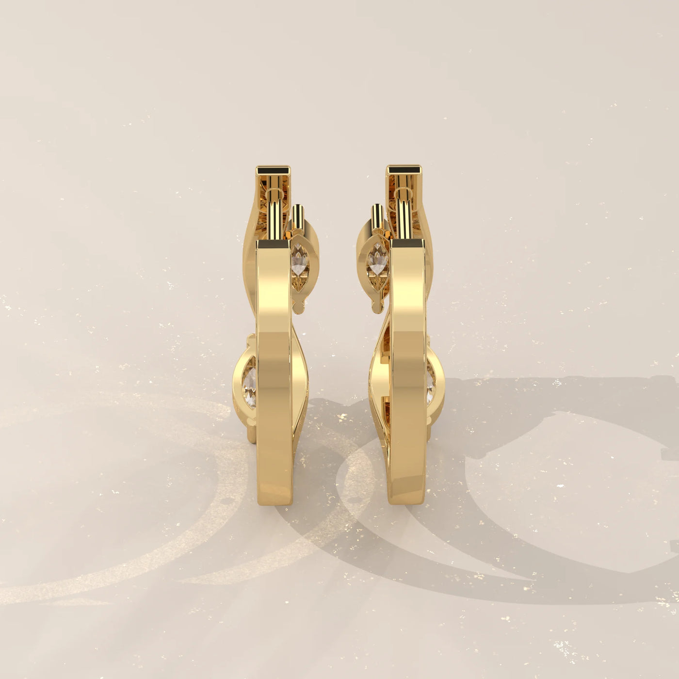 Back View: Marquise Diamond Huggie Hoop Earrings with Prong Setting in Yellow Gold – Lab Grown – Driona Jewels