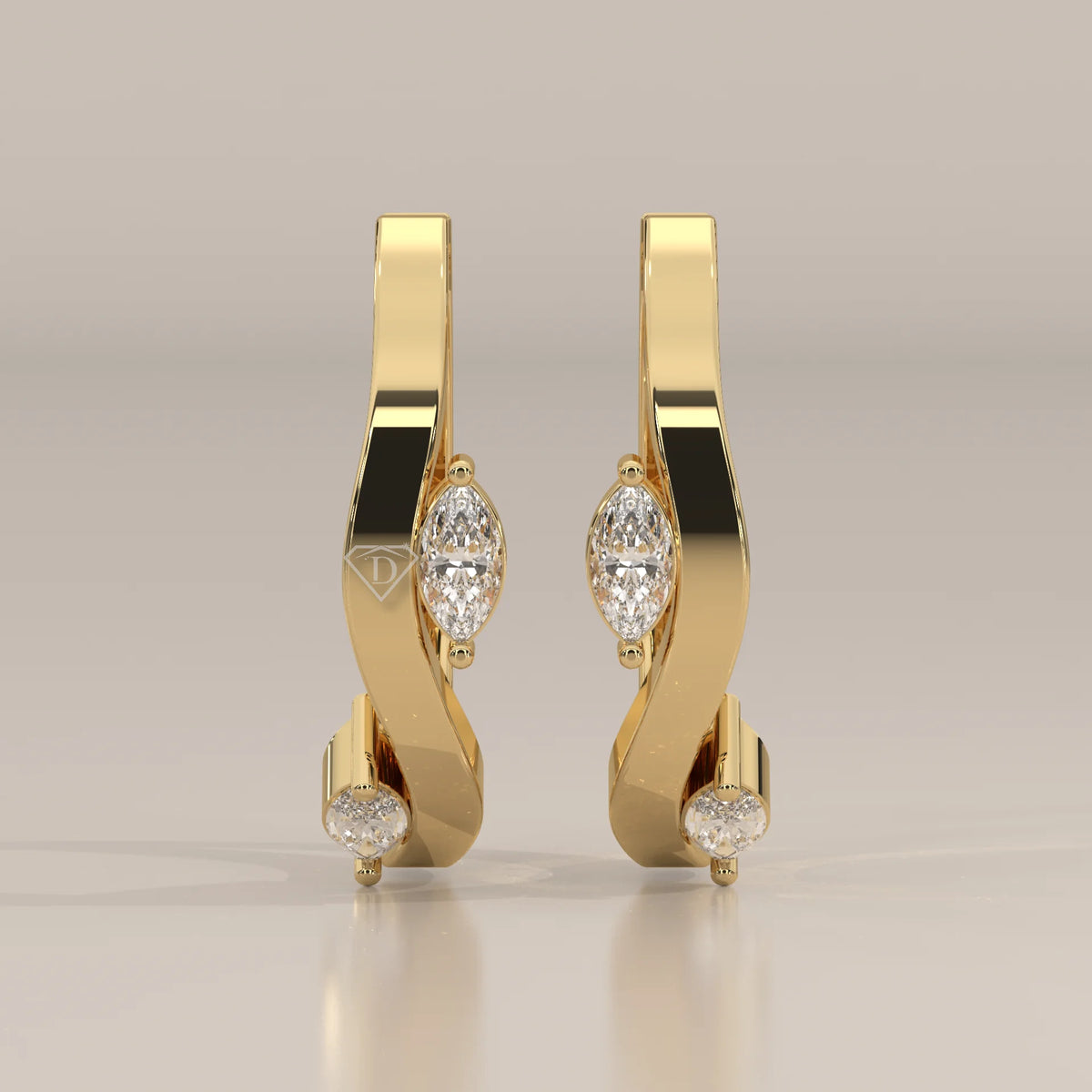 Front View: Marquise Diamond Huggie Hoop Earrings with Prong Setting in Yellow Gold – Lab Grown – Driona Jewels