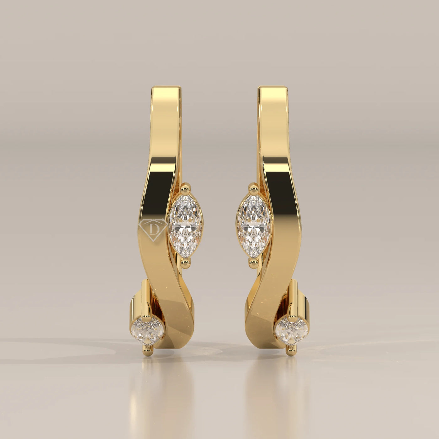 Front View: Marquise Diamond Huggie Hoop Earrings with Prong Setting in Yellow Gold – Lab Grown – Driona Jewels