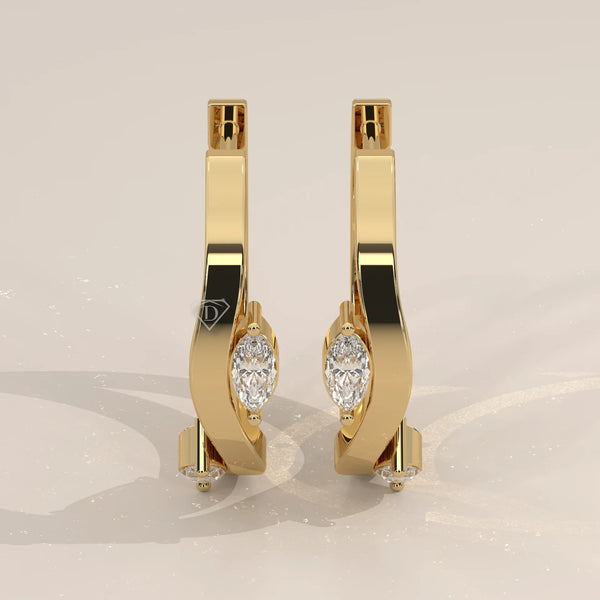 Pair Front View: Marquise Diamond Huggie Hoop Earrings with Prong Setting in Yellow Gold – Lab Grown – Driona Jewels