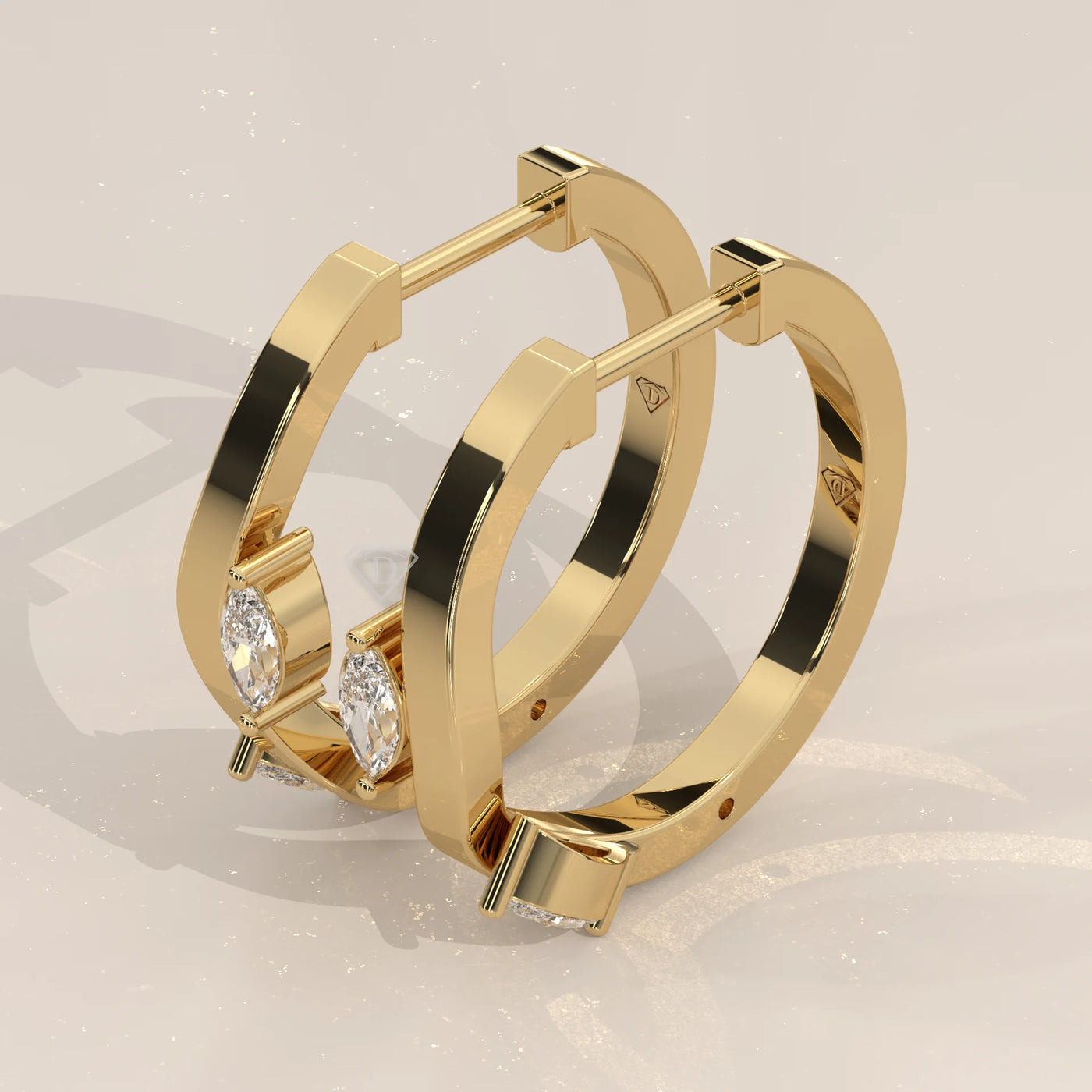 Three-Quarter View: Marquise Diamond Huggie Hoop Earrings with Prong Setting in Yellow Gold – Lab Grown – Driona Jewels