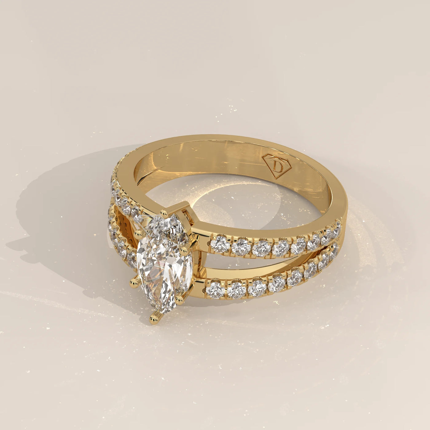 Angle View: Marquise Diamond Ring with Pavé Setting in Yellow Gold – Lab Grown – Driona Jewels