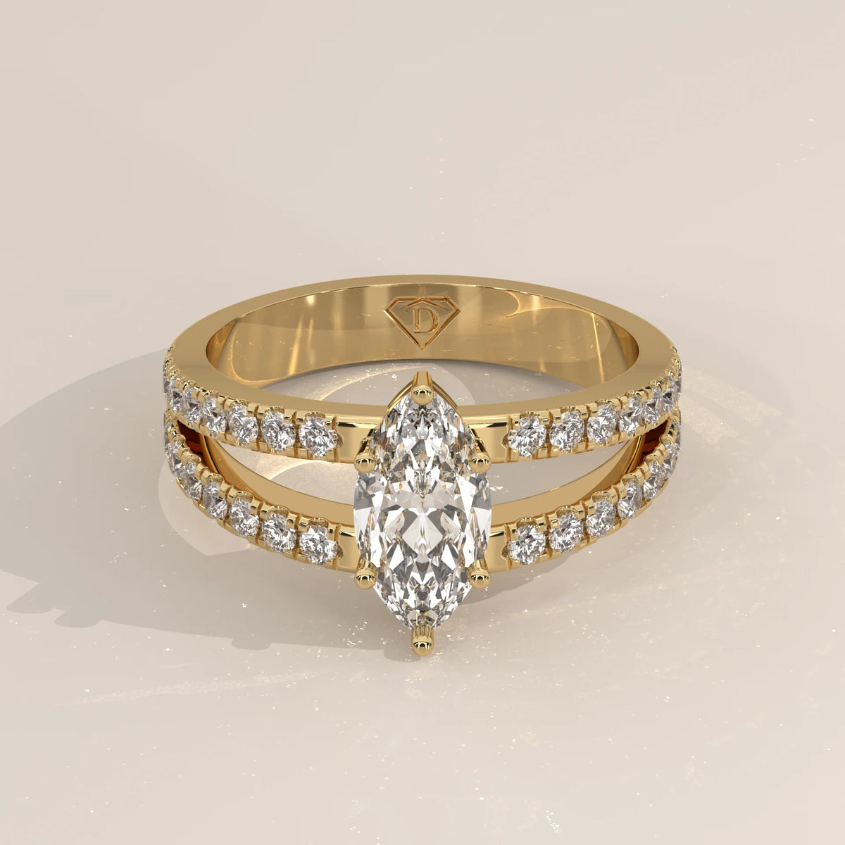 Three-Quarter View: Marquise Diamond Ring with Pavé Setting in Yellow Gold – Lab Grown – Driona Jewels