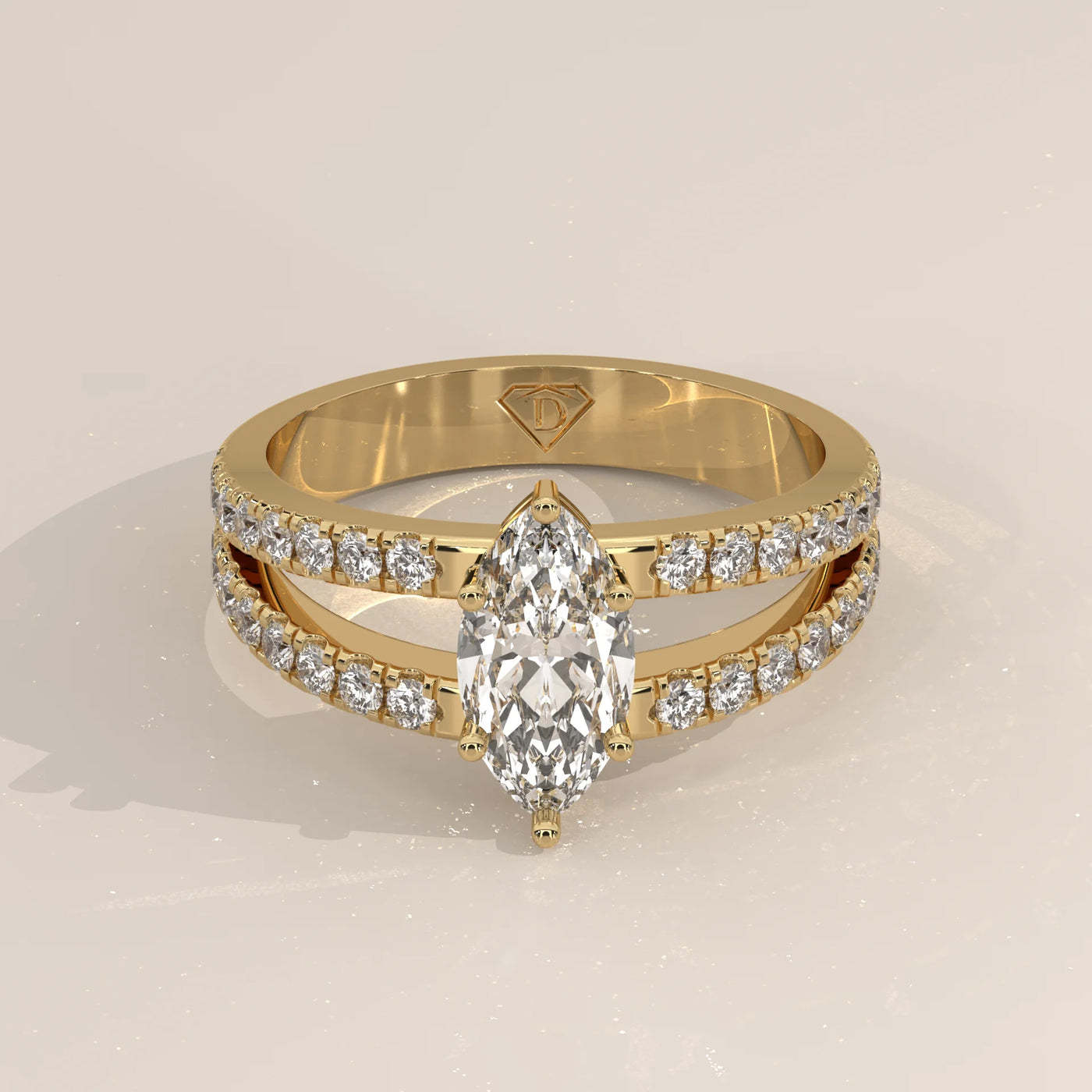Three-Quarter View: Marquise Diamond Ring with Pavé Setting in Yellow Gold – Lab Grown – Driona Jewels