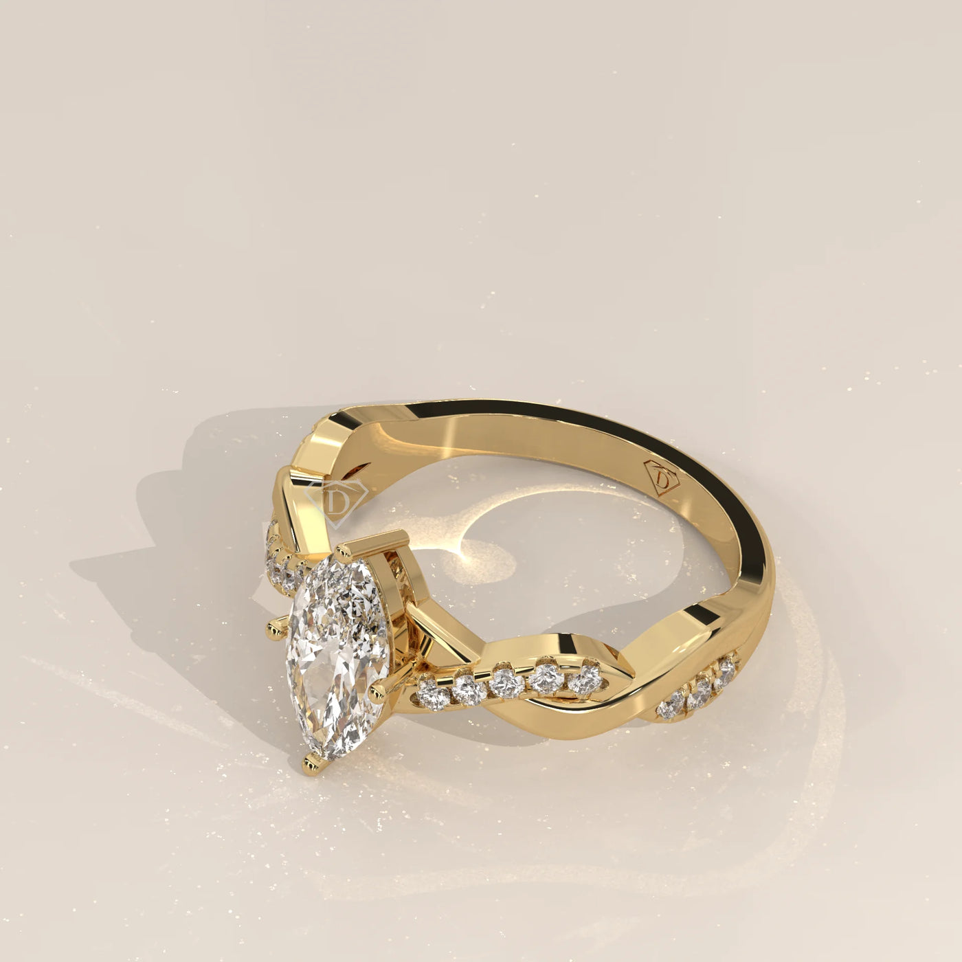 Angle View: Marquise Diamond Engagement Ring with Twisted Setting in Yellow Gold – Lab Grown – Driona Jewels