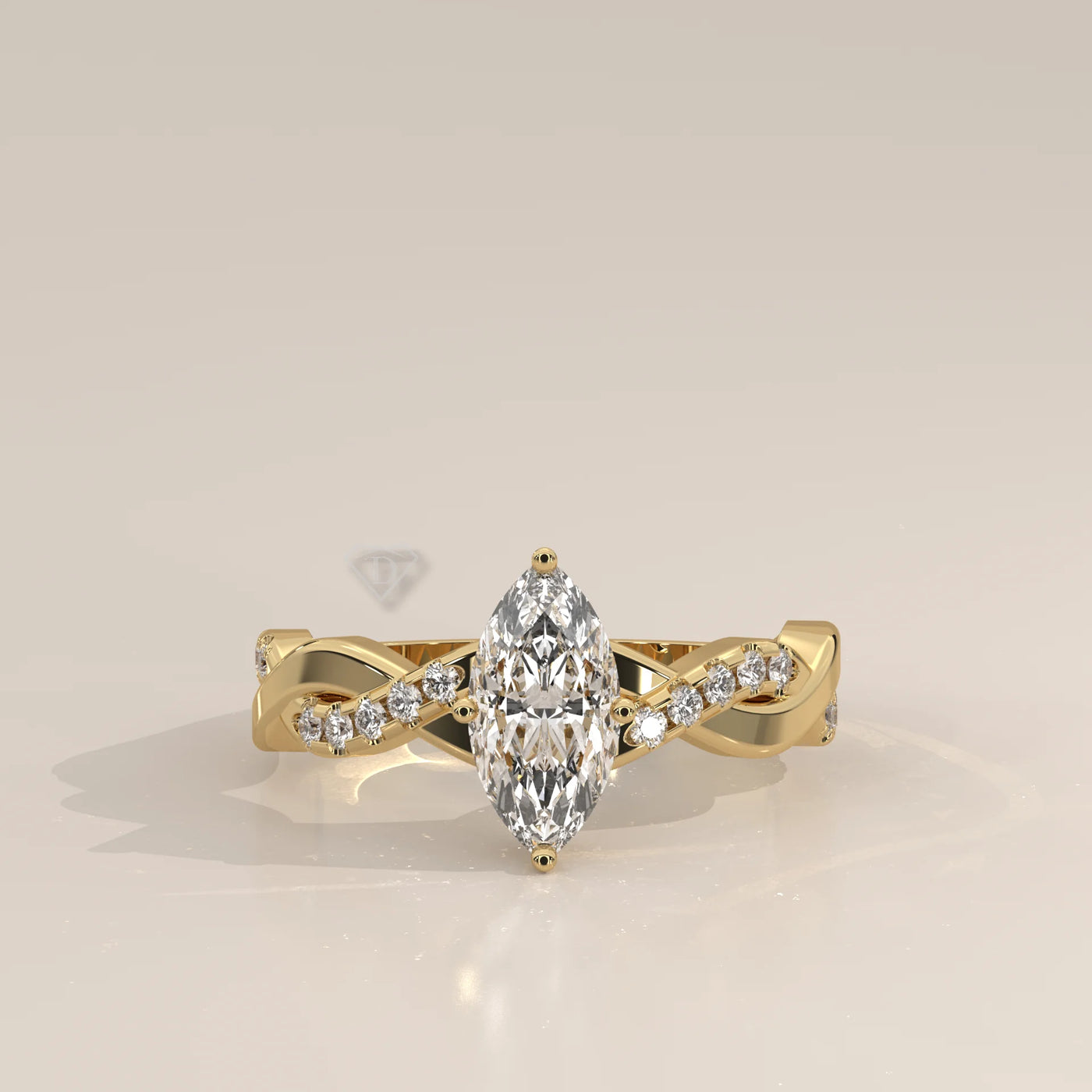 Side Profile: Marquise Diamond Engagement Ring with Twisted Setting in Yellow Gold – Lab Grown – Driona Jewels