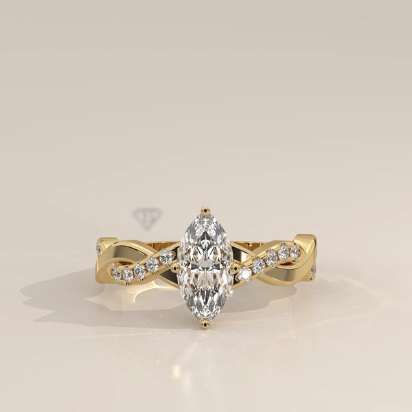 Side Profile: Marquise Diamond Engagement Ring with Twisted Setting in Yellow Gold – Lab Grown – Driona Jewels