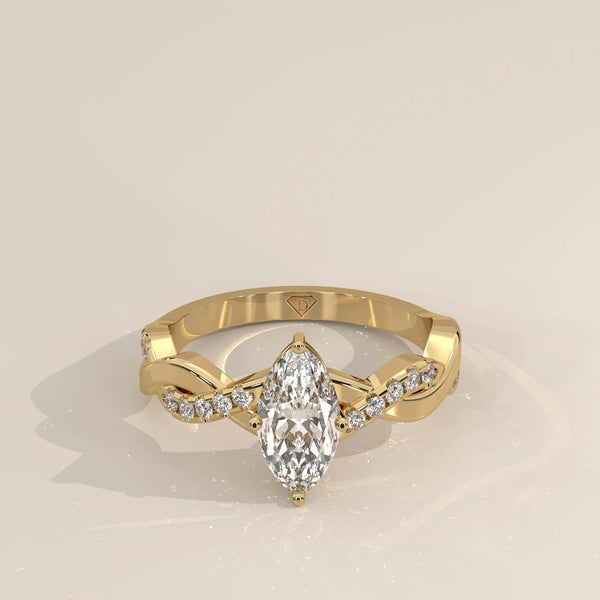 Three-Quarter View: Marquise Diamond Engagement Ring with Twisted Setting in Yellow Gold – Lab Grown – Driona Jewels