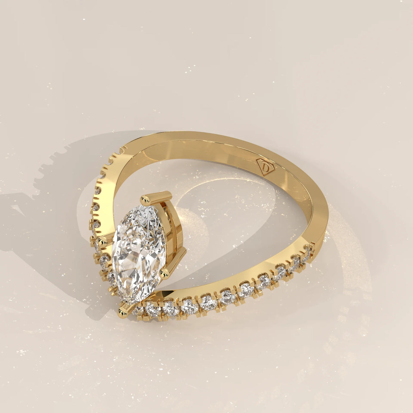 Angle View: Marquise Diamond Engagement Ring with Prong Setting in Yellow Gold – Lab Grown – Driona Jewels