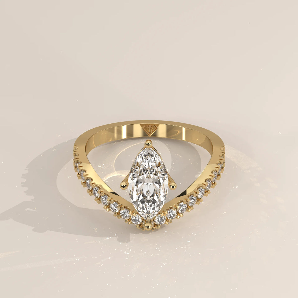 Three-Quarter View: Marquise Diamond Engagement Ring with Prong Setting in Yellow Gold – Lab Grown – Driona Jewels