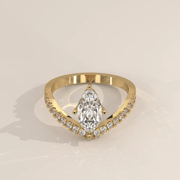 Three-Quarter View: Marquise Diamond Engagement Ring with Prong Setting in Yellow Gold – Lab Grown – Driona Jewels