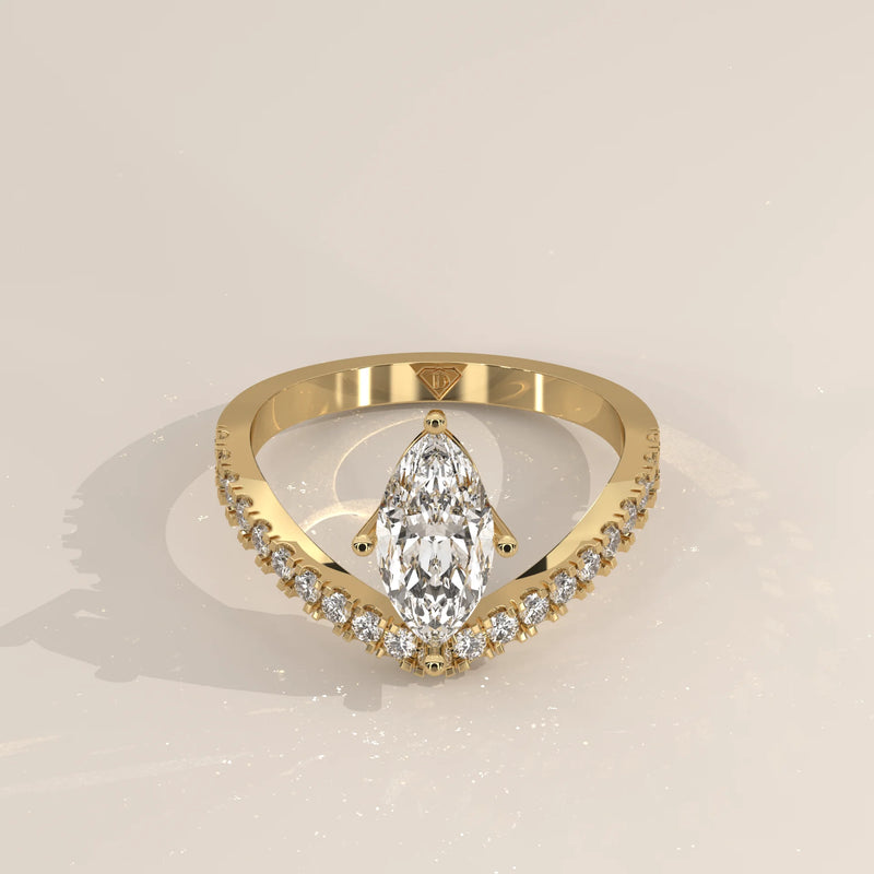 Three-Quarter View: Marquise Diamond Engagement Ring with Prong Setting in Yellow Gold – Lab Grown – Driona Jewels