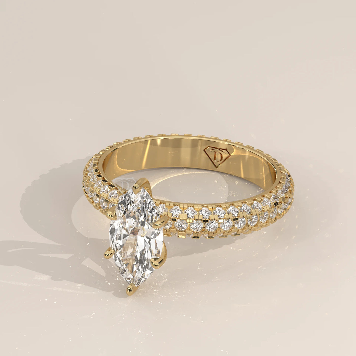 Angle View: Marquise Diamond Engagement Ring with Pavé Setting in Yellow Gold – Lab Grown – Driona Jewels