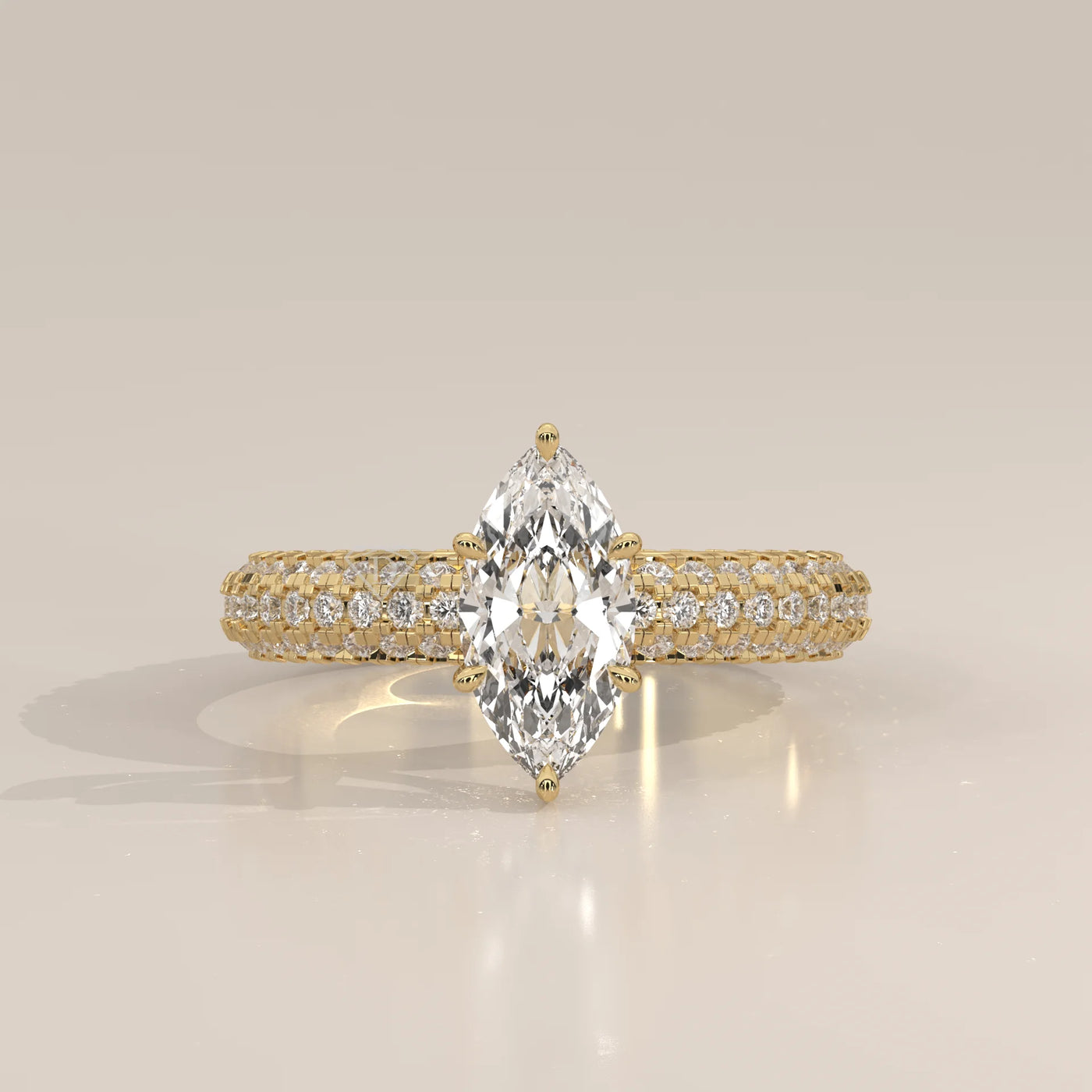 Side Profile: Marquise Diamond Engagement Ring with Pavé Setting in Yellow Gold – Lab Grown – Driona Jewels