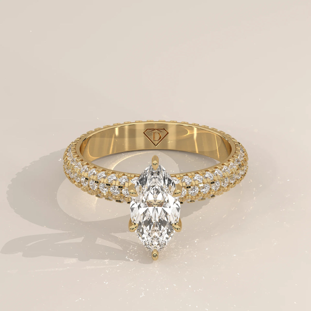 Three-Quarter View: Marquise Diamond Engagement Ring with Pavé Setting in Yellow Gold – Lab Grown – Driona Jewels